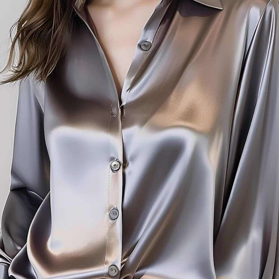 Spring And Autumn New Style Gray Acetate Satin Shirt For Women Long Sleeve Unique French Silk Professional Blouse B5
