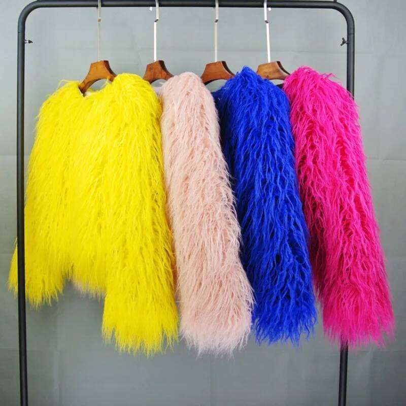 Fluffy Colorful Streetwear Faux Fur Jacket Big Size Women Clothing Sheepskin Long Sleeve Chic Short Coat