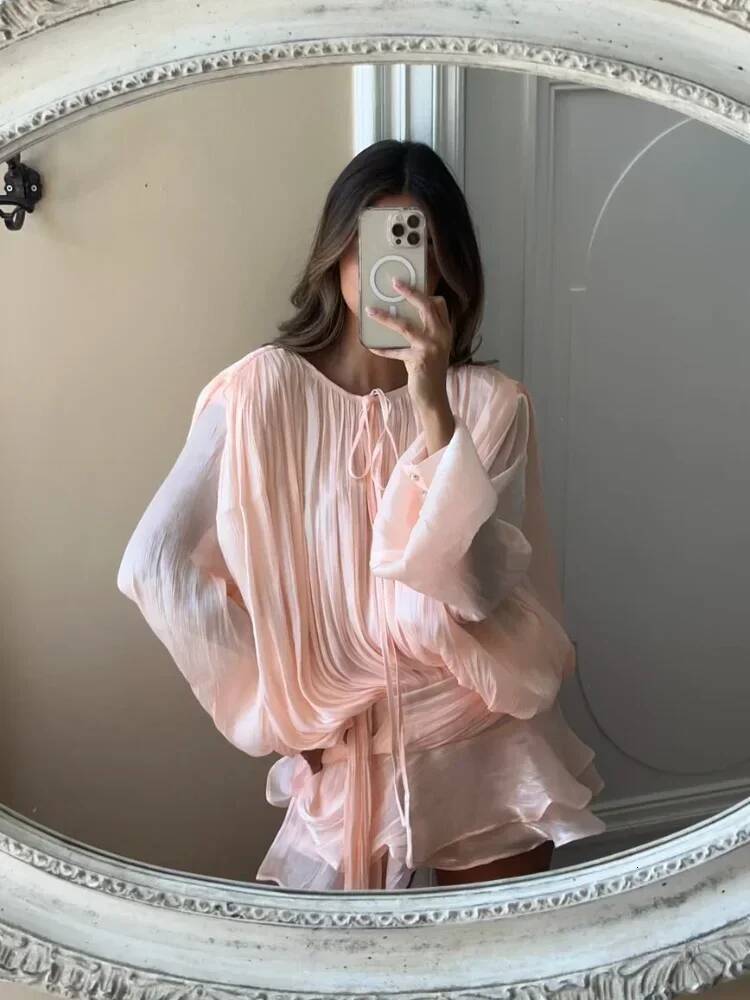 winter jacket women Elegant Pink pleated Mini Dresses Women A-line Bubble sleeve Lace Up Party Short Vestido New Dinner Lady Night Summer Gown