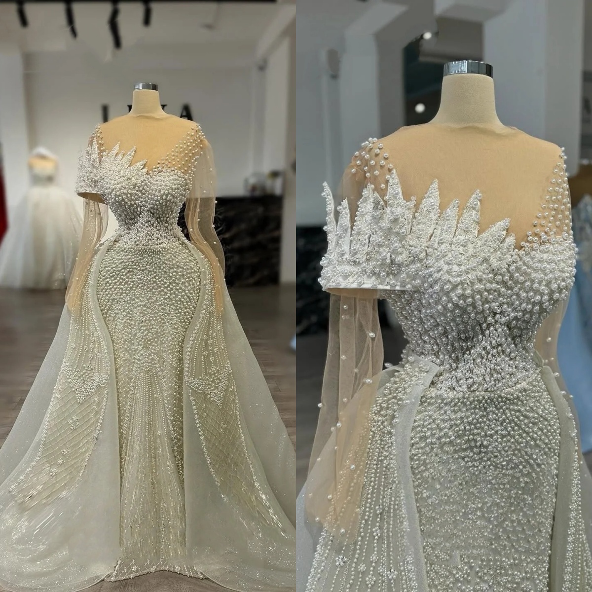 Vintage A Line Women Wedding Dress Sheer Neck Long Sleeves Bridal Gowns Pearls Sequins Detachable Train Dress Custom Made vestidos de novia