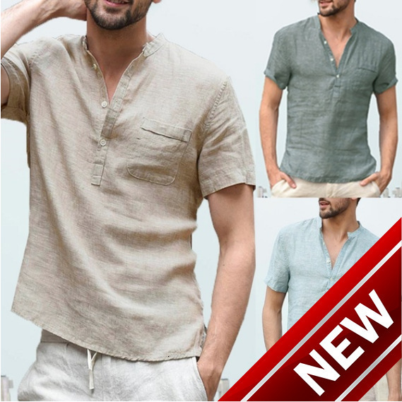 Mens solid color stand up collar half open collar thin short sleeved shirt top mens clothing