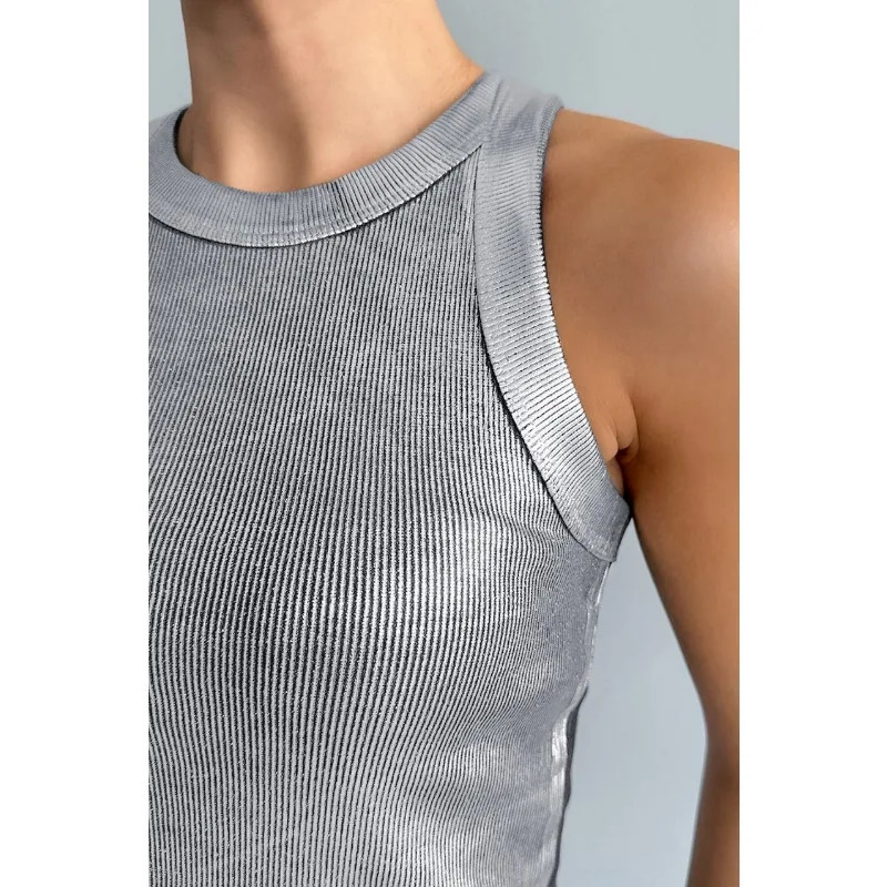 Spring Womens Fashionable Ultra Thin Silver Floral Casual Knitted Tank Top Warm Womens Elegant Sleeveless T-shirt 250403