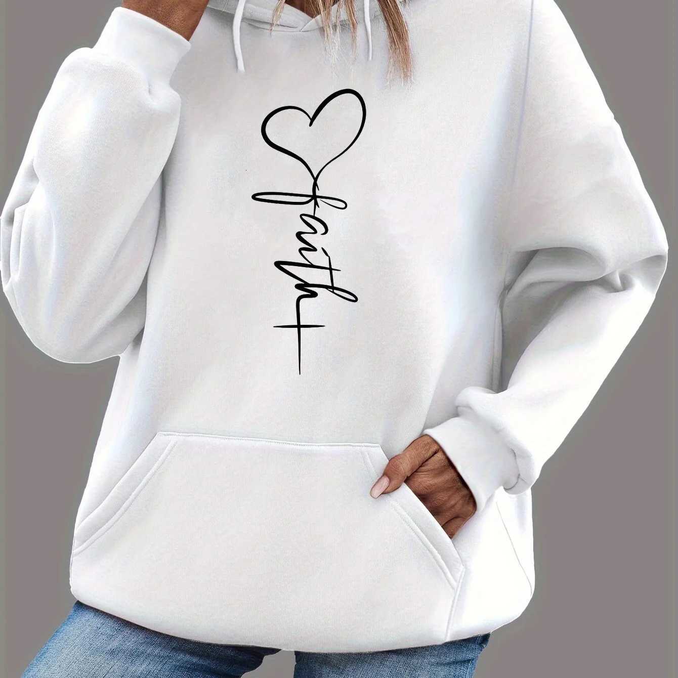 Womens autumn and winter warm and loose casual heart-shaped cross pattern printed velvet long sleeved hooded sweatshirtT251105