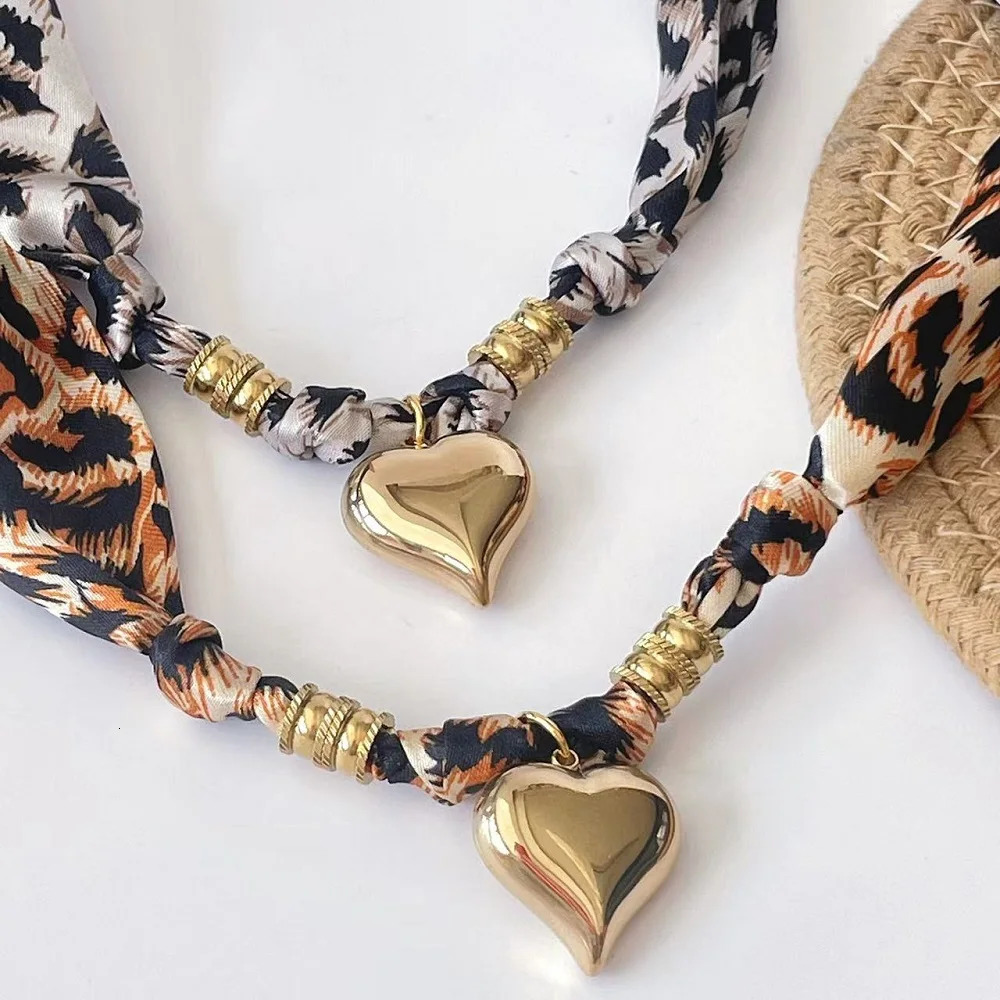 Womens Fashion Scarf Necklace with Large Stainless Steel Heart Pendant Stackable Bandana Jewelry 251031