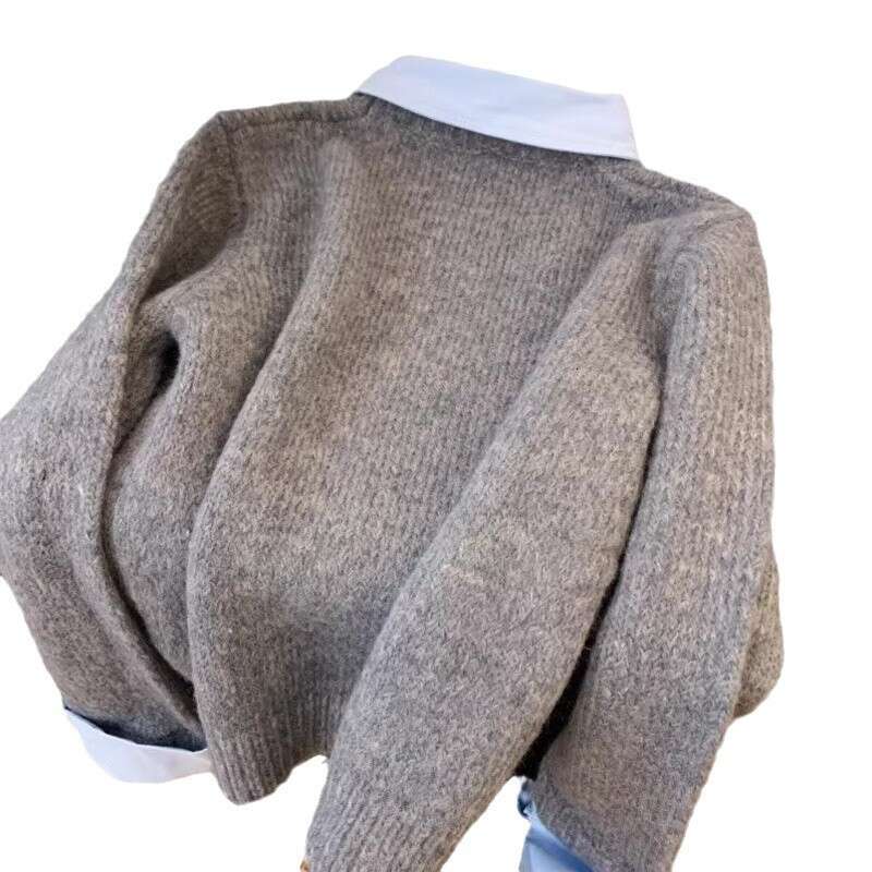 Fake Two-Piece Shirt Collar Sweater For Women, New Autumn Lazy Style, Color-Block Turn-Down Collar, Gray Knitted Top B5