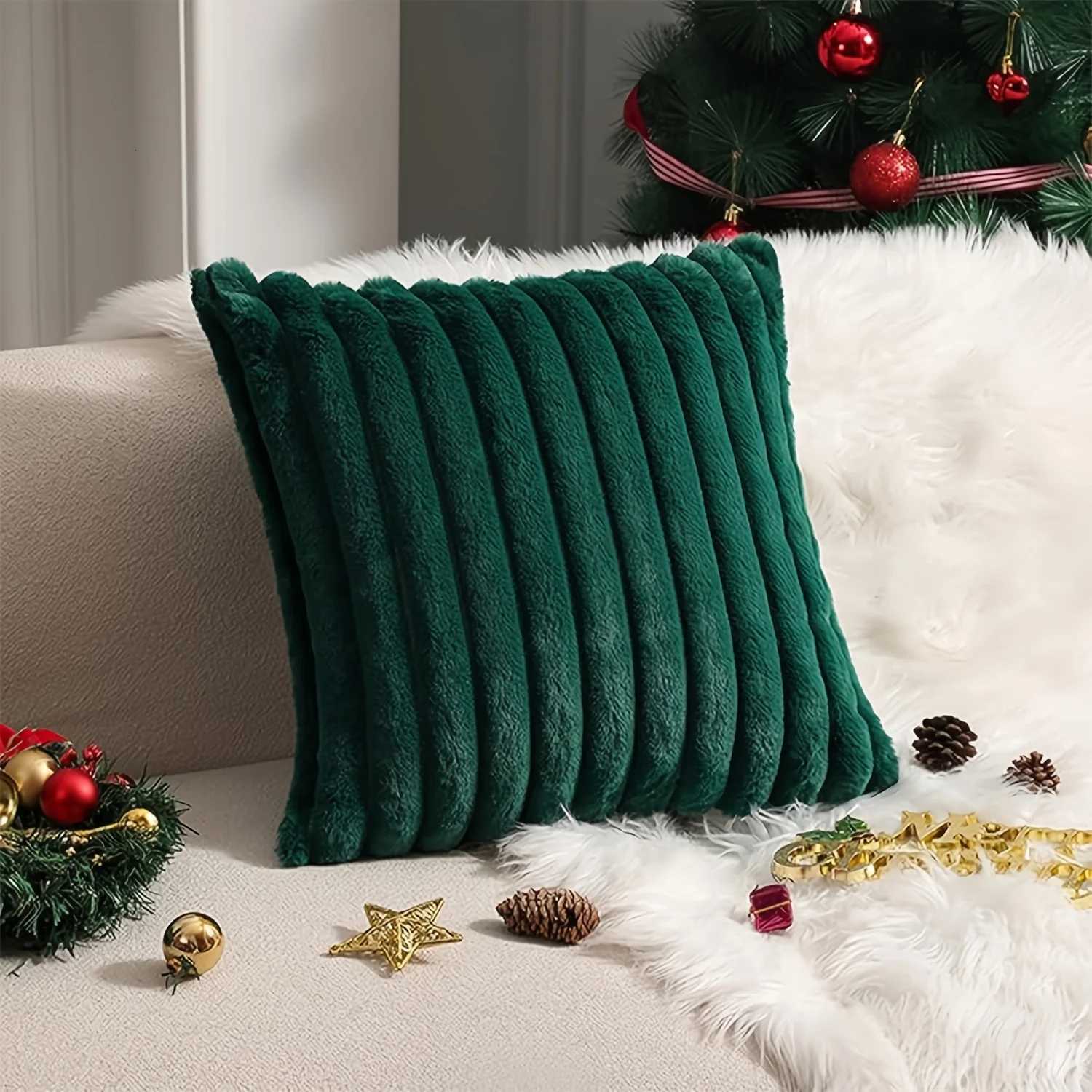 Cozy Faux Fur Plush Throw Pillow Cover - Fluffy Striped Winter Christmas Decorative Cushion Case with Zipper Closure for Sofa Y251105