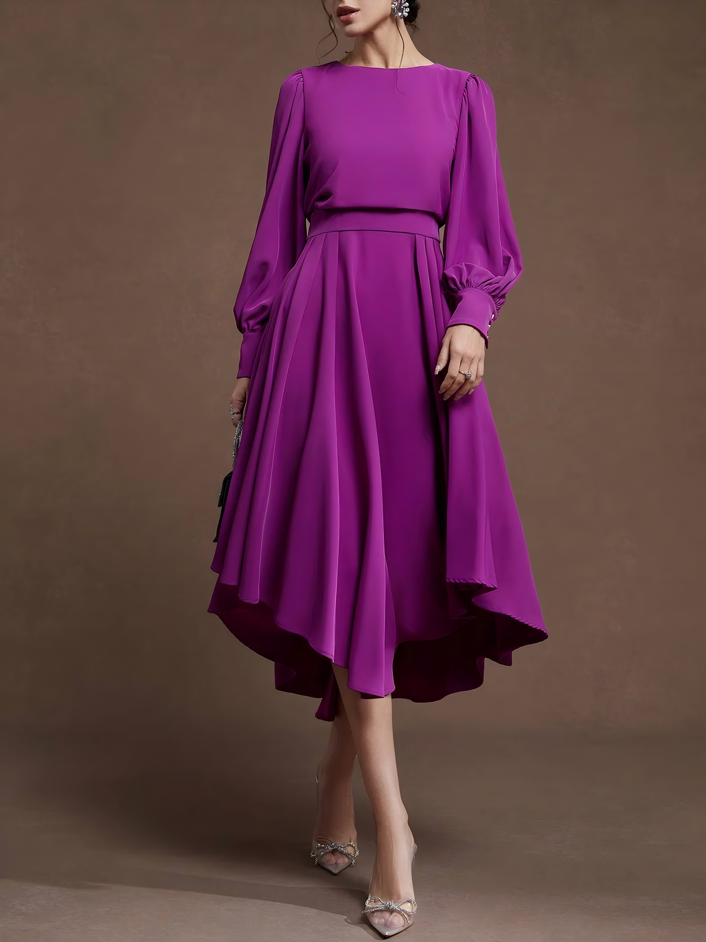 Women's Boat Neck Puff Sleeve Midi Dress, Elegant High-Waist Asymmetric Hem Dress for Formal & Casual Events 23577