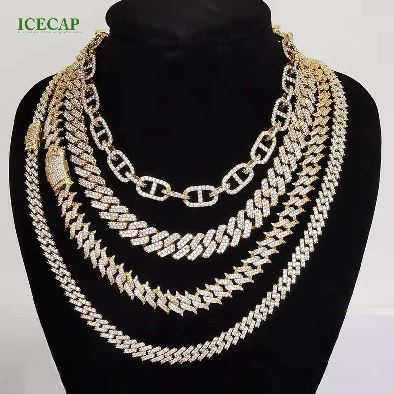 Customization Full Iced Out Moissanite Diamond 925 Silver Cuban Link Chain Baguette round Moissanite Hiphop Cuban Necklace