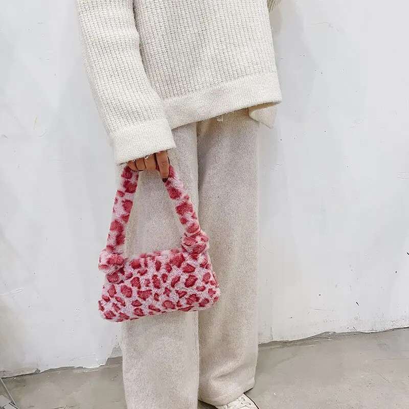 2025 Fashion Women Cow Print Mini Shoulder Female Winter Plush Underarm Leopard Zebra Pattern Fluffy Tote Bags Small Purses