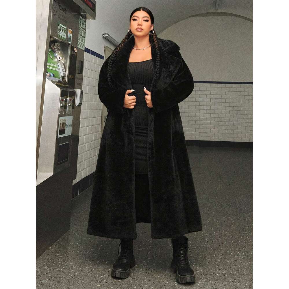 Solid Color Faux Fur Coat, Elegant Lapel Collar Long Sleeve Longline Coat For Fall & Winter, Women's Plus Size Clothing
