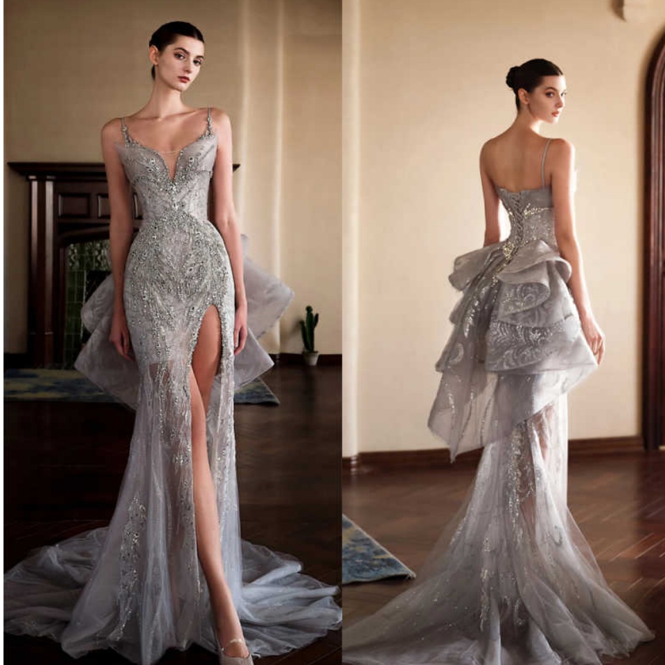Silver Shiny Sequined Celebrity Dresses Customized Spaghetti Straps Long Prom Dress Evening Gowns Crystal Split Side Party Dress