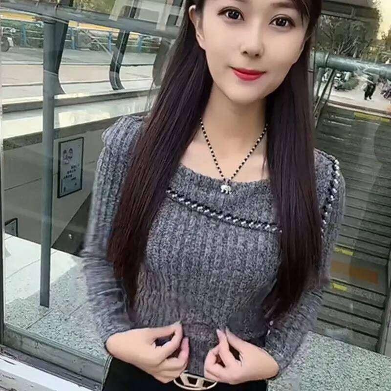 Women's Clothing Square Neck Pit Striped Long Sleeved Pullover Sweater For Women Autumn Winter Sexy Slim Fit Elegant Knitted Top Designer Sweater