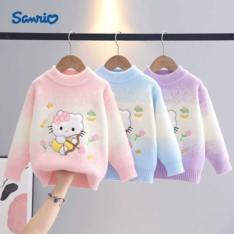 Sanrio Cartoon Cute Kitty Cat Embroidered Girls Sweater Knitwear Autumn Winter Style Childrens Round Neck Warm Base Layer H251105