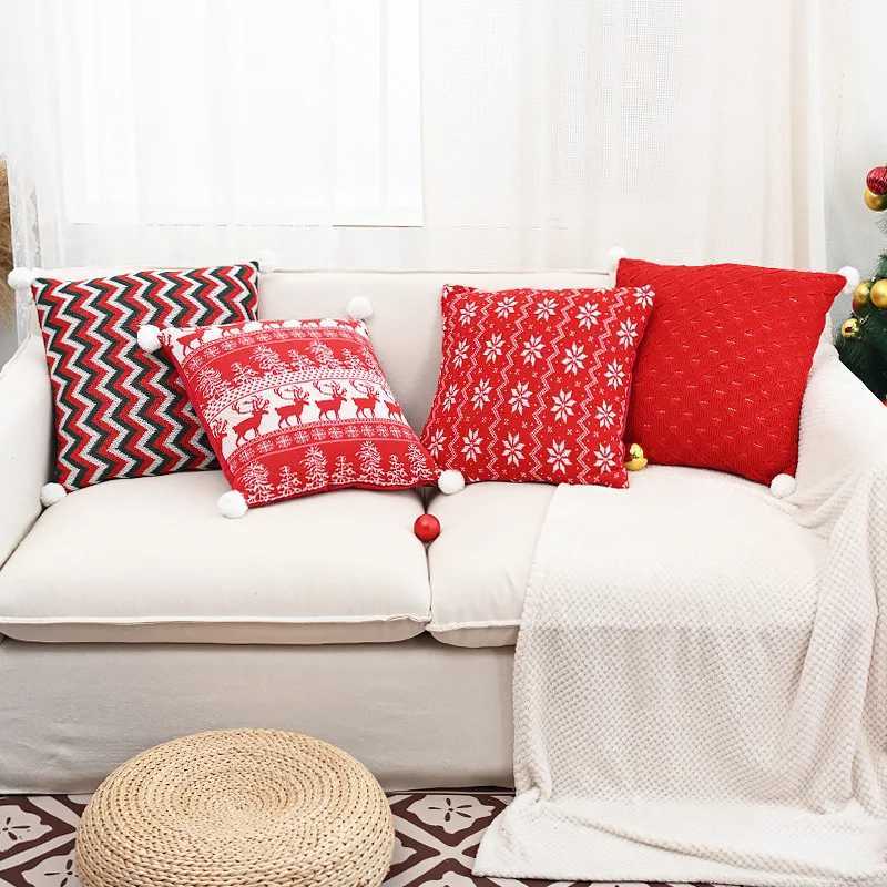 30x50/45x45cm Vintage Christmas Knitted Pillow Cover Cojines Red Jacquard Plush Sofa Throw Cushion Covers Headboard Pillowcases Y251105