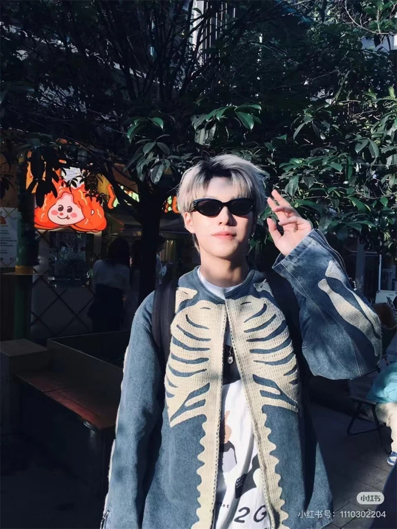 AutumnWinter Vintage Denim Heavy duty Bone Embroidered Loose Casual High Street Coat Japanese Trendy Mens Zipper 251030