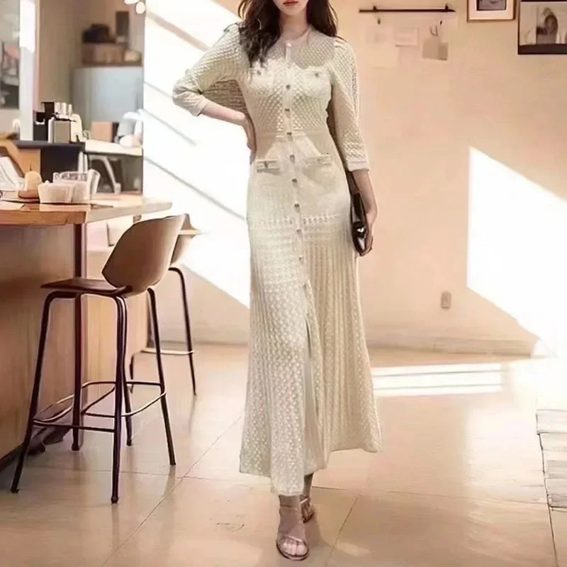 Hollow out Long Knitted Summer Dress round Neck Seven Sleeve Bodycon Skirt Slimming Effect Empire Waist Maxi Dress251103