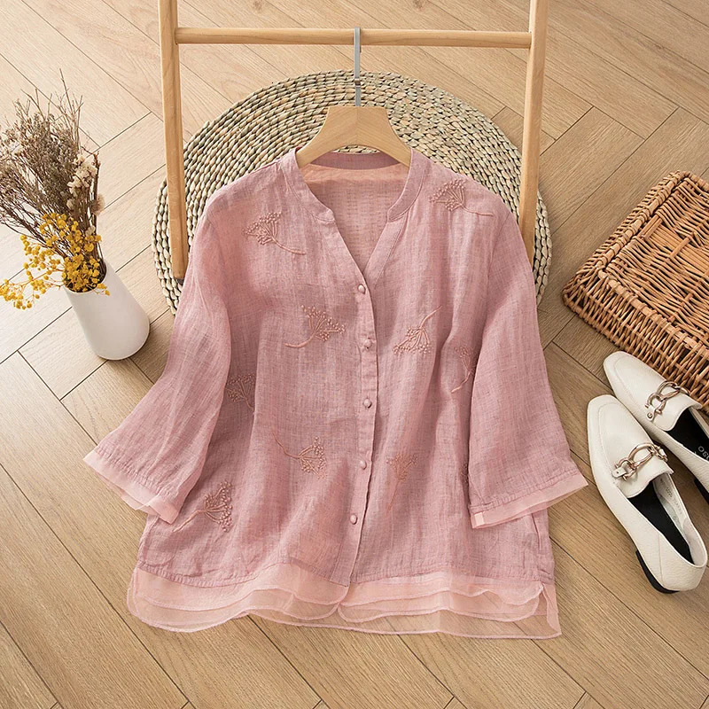 Chinese Style Womens Shirt Cotton Linen Vintage Blouses Loose Embroidery Clothing Short Sleeves Summer Women Tops 250402