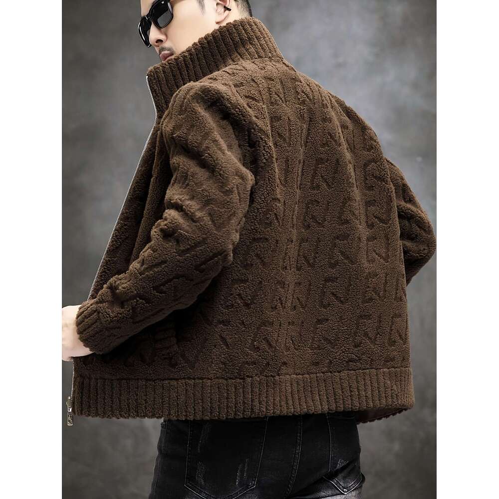 Men's Faux Fur-Lined - Casual Business Style, Warm Slim Fit, Full-Zip With And Ribbed Cuffs For Fall/Winter, Autumn Outerwear Stand Collar Jacket