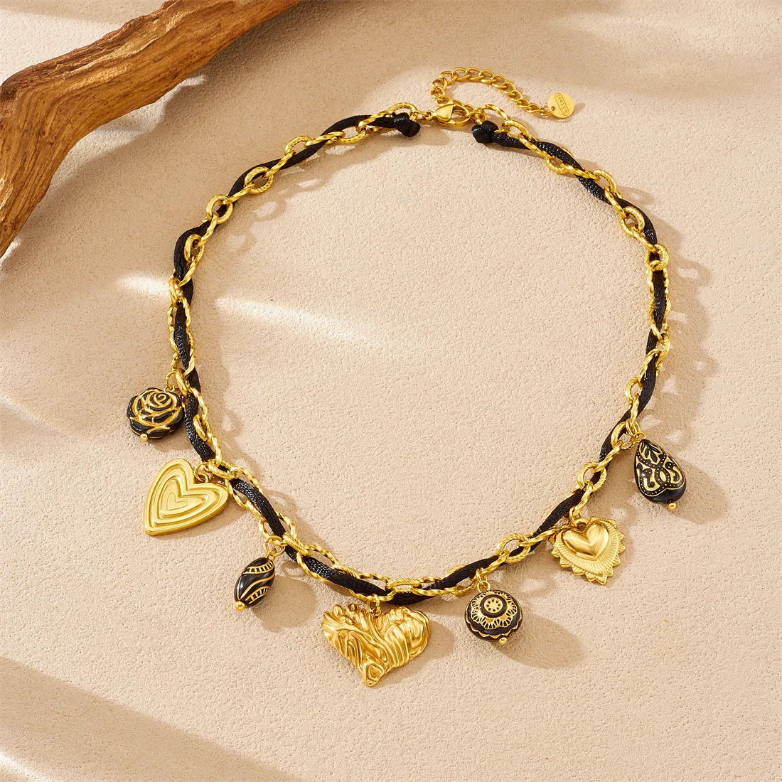 DIEYURO 316L Stainless Steel Golden Irregular Striped Heart Black Rose Flower Pendant Necklace Lady Trend Rope Chain Jewelry 251031