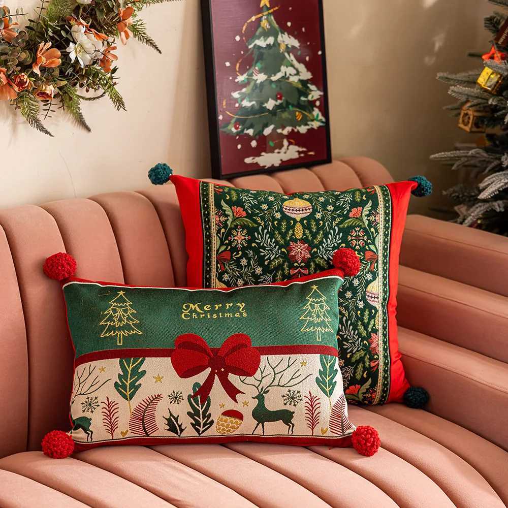 2025 Jacquard Yarn-dyed Christmas Cushion Cover Cartoon Elk Snowflake Embroidered Throw Pillow Cover Festival Pillows Decor Home Y251105