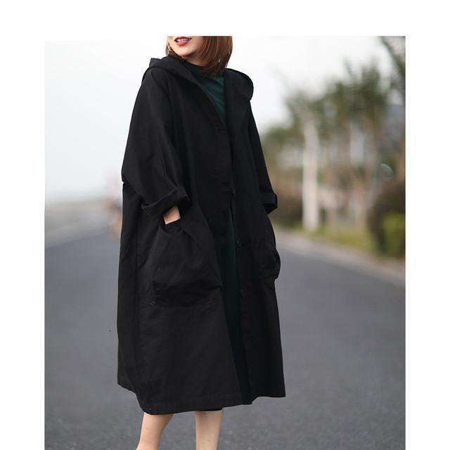 Loose Plus Size Batwing Sleeve Over-The-Knee Long Coat With Large Pockets For Women, Hooded Commuter Spring And Autumn Casual Overcoat B5