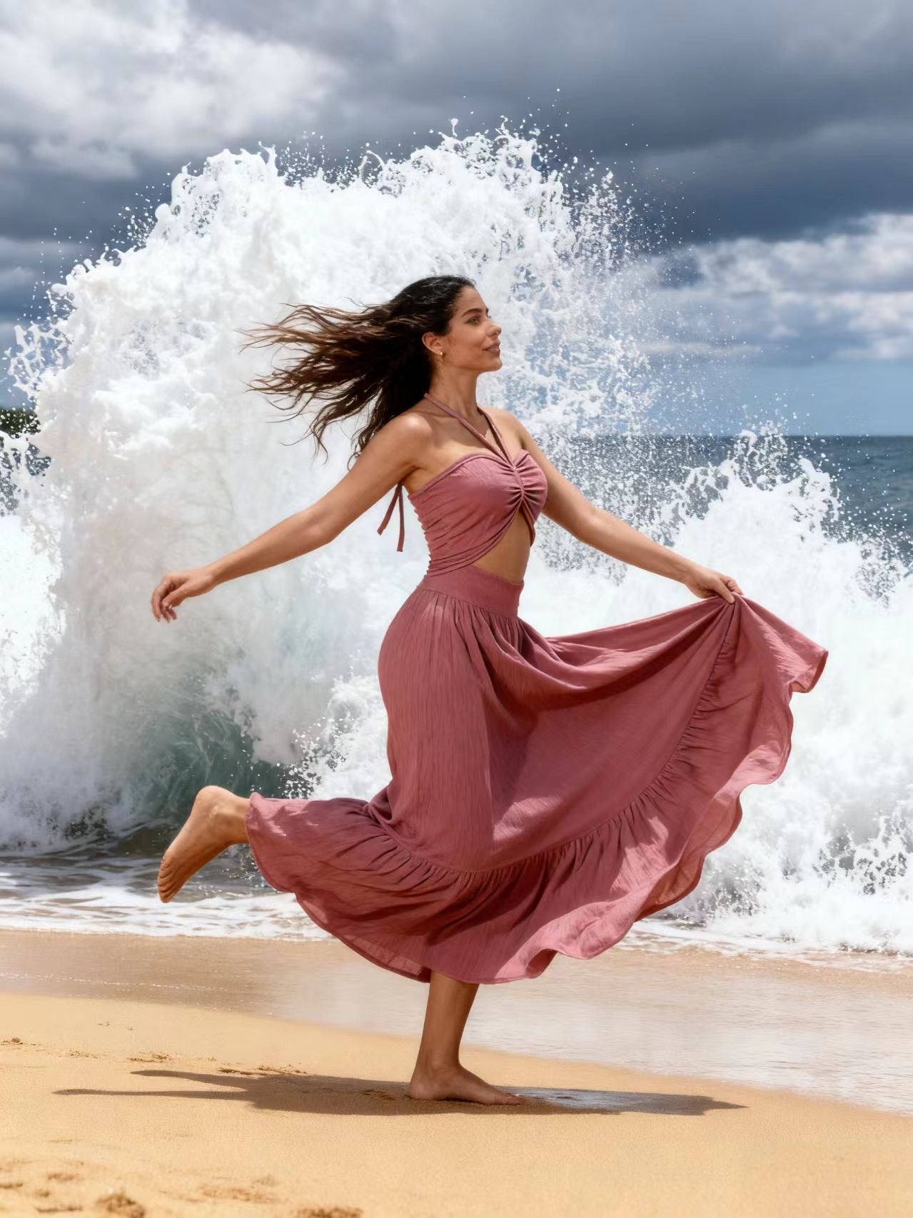 New Solid-Color European-Style South American Beach Resort Elegant Halter Neck Dress