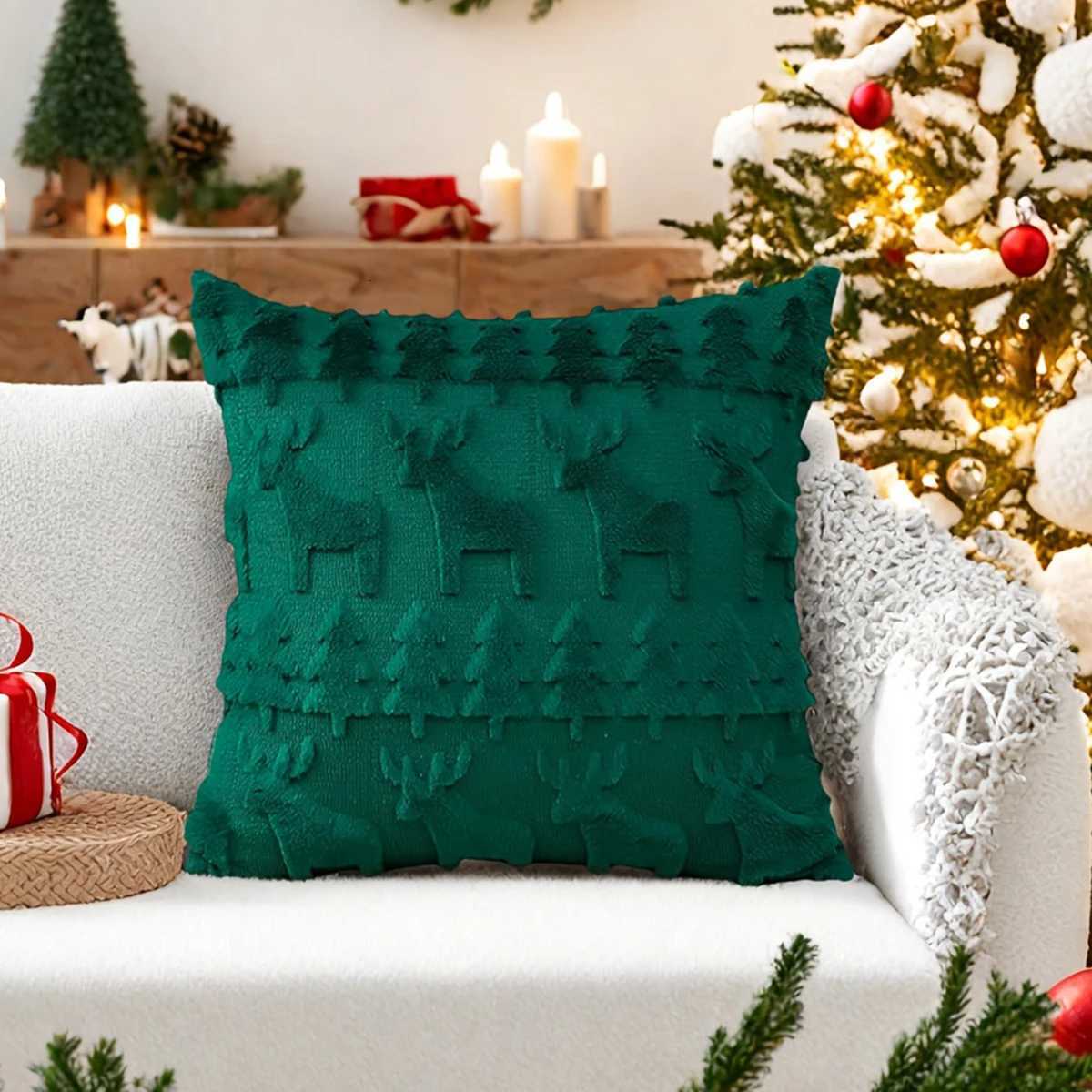 1pc imitation reindeer Christmas tree jacquard pillow cover 3D soft plush reindeer Christmas tree cushion cover Y251105