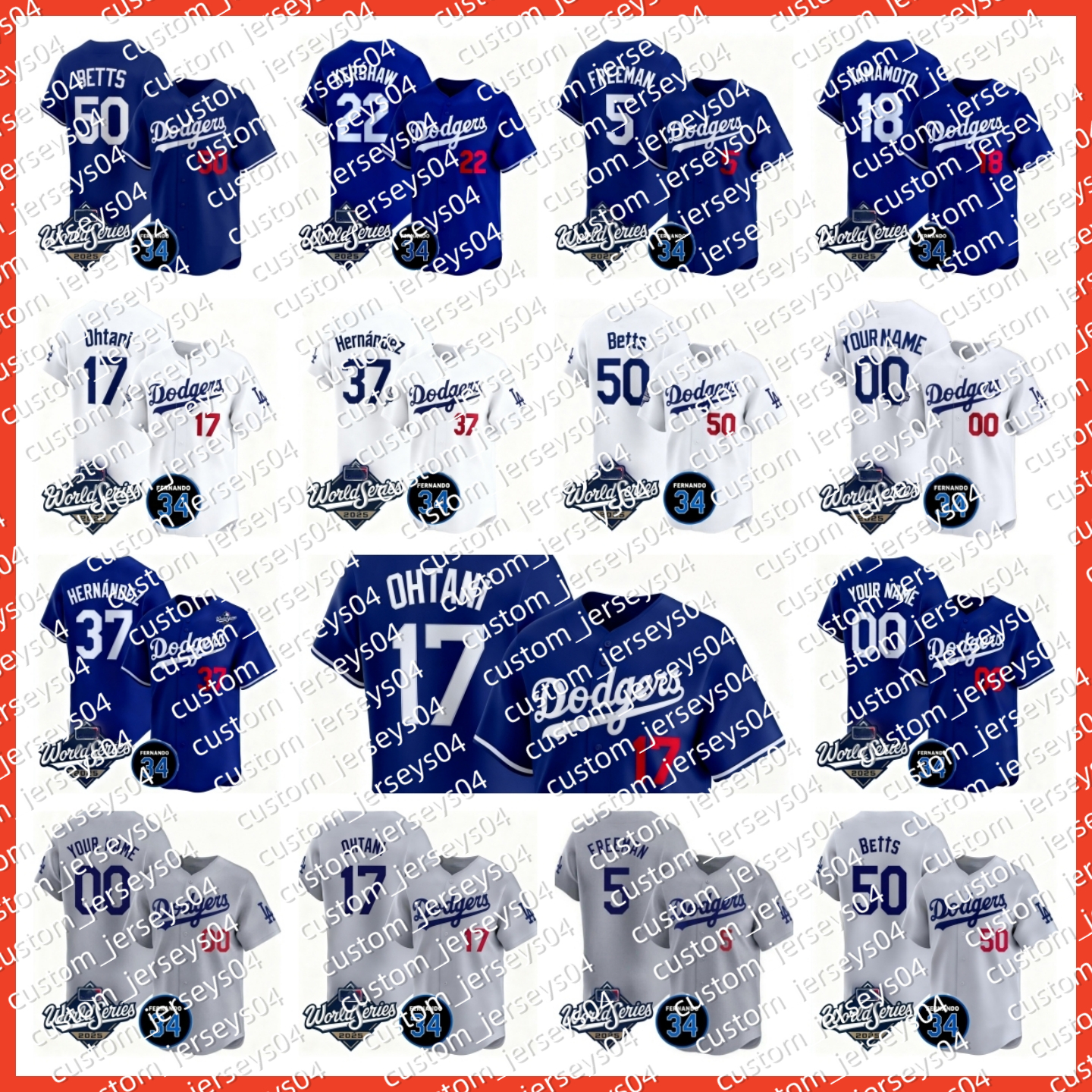 Dodgers 2025 World Series Jersey custom Shohei 17 Ohtani Mookie 50 Betts Freddie 5 Freeman Yoshinobu 18 Yamamoto Fernando 34 Valenzuela No.34 Patch Baseball