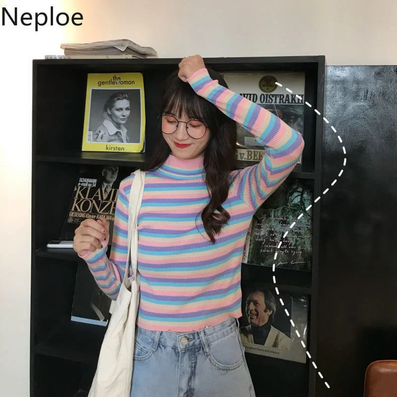 Neploe Rainbow Striped Sweater Y2K Cropped Tops Turtleneck Long Sleeve Pullover Women Sweaters Korean Patchwork Clothes Pull 251104