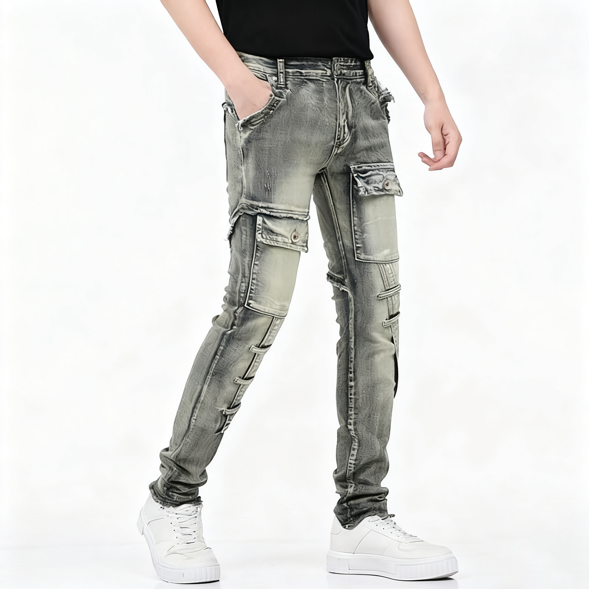 Designer Men's Jeans European And American Retro Motorcycle Multi Pocket Jeans Men's Trend Splicing High Quality Slim Fit Small Leg Pants Me