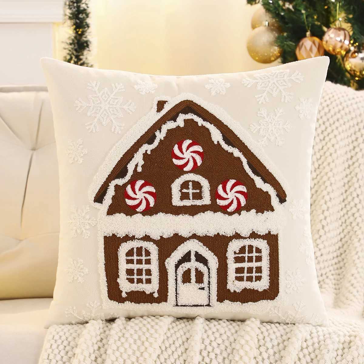 1 PC Christmas House Throw Pillow Cover Velvet Embroidery Snowflake Christmas Decoration Living Room Y251105
