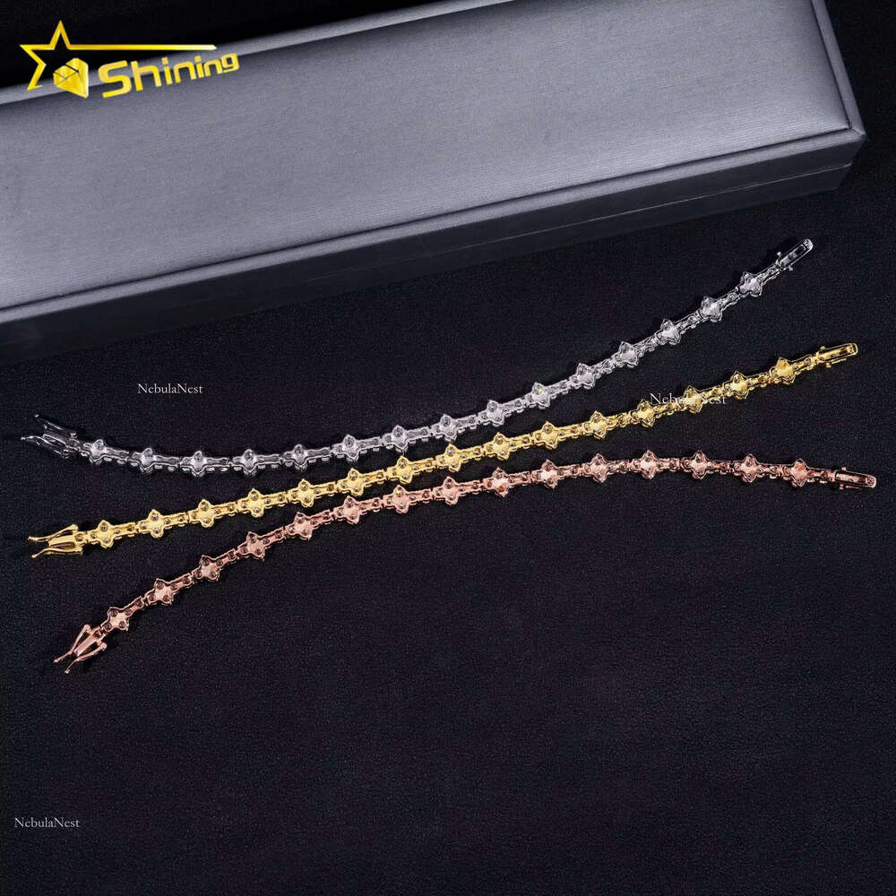 Stylish New Arrival Fashion Femme Design Sier VVS Moissanite Dia Iced Out Four Leaf Clover Cross Tennis Chain Bracelet