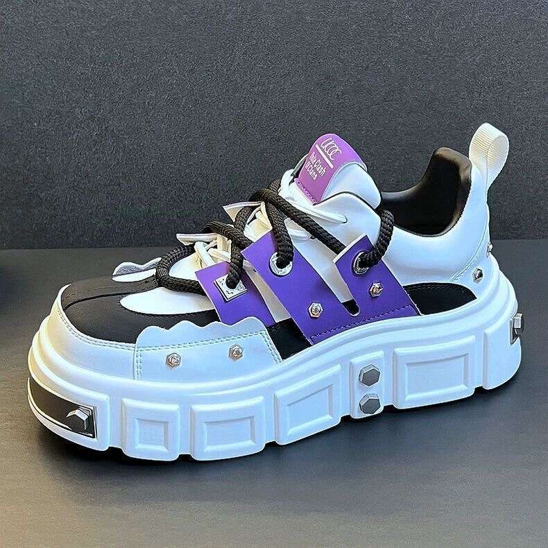 European Thick-Soled White Sneakers Men, High-End Fashion Studded Casual Height-Increasing Street Style Dad Shoes, Soft Leather for Men