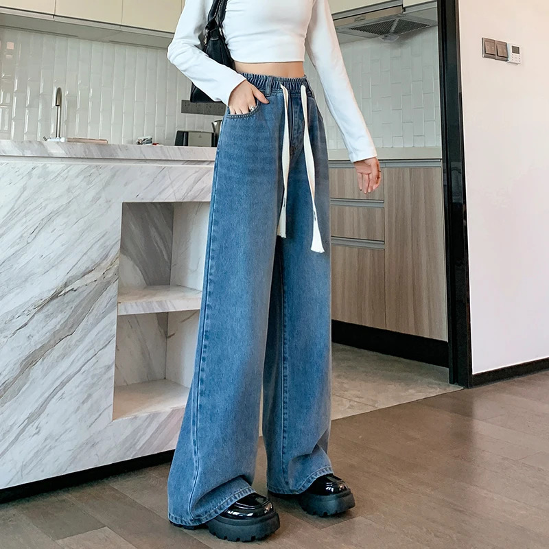 L6XL Plus Size Womens Jeans Spring High Waist Straight Loose Blue Trouser Wide Leg Pull Bar Large 250403