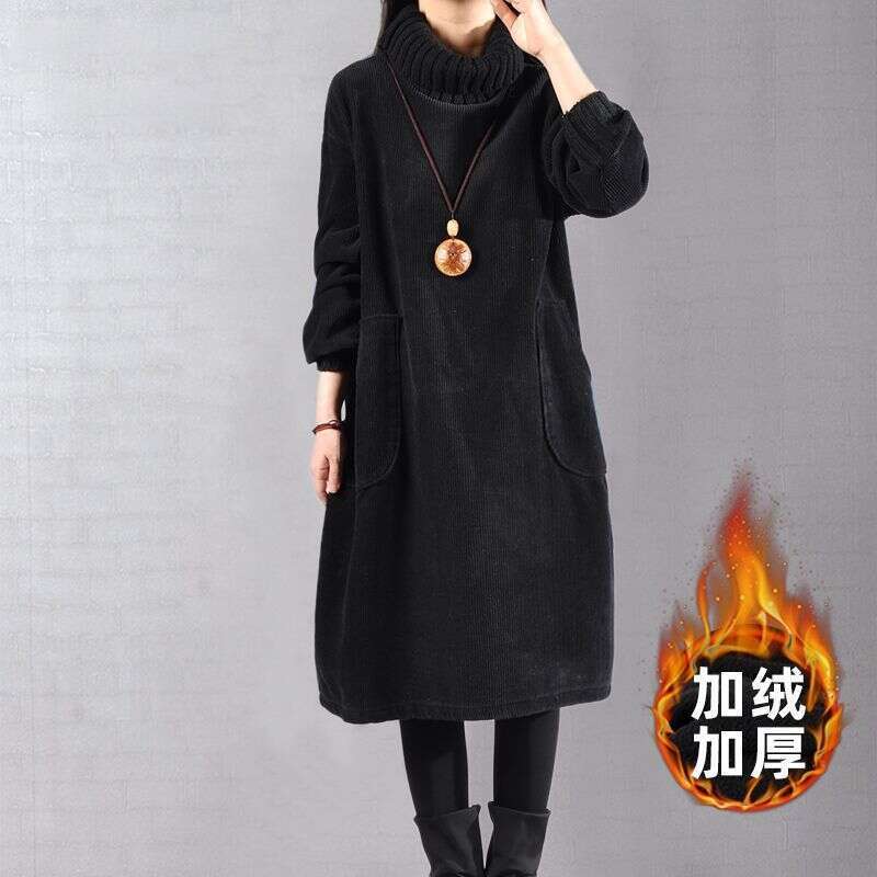 Extra Large Size 1Kg High Neck Fleece Lined Thickened Mid-Length Corduroy Dress B5