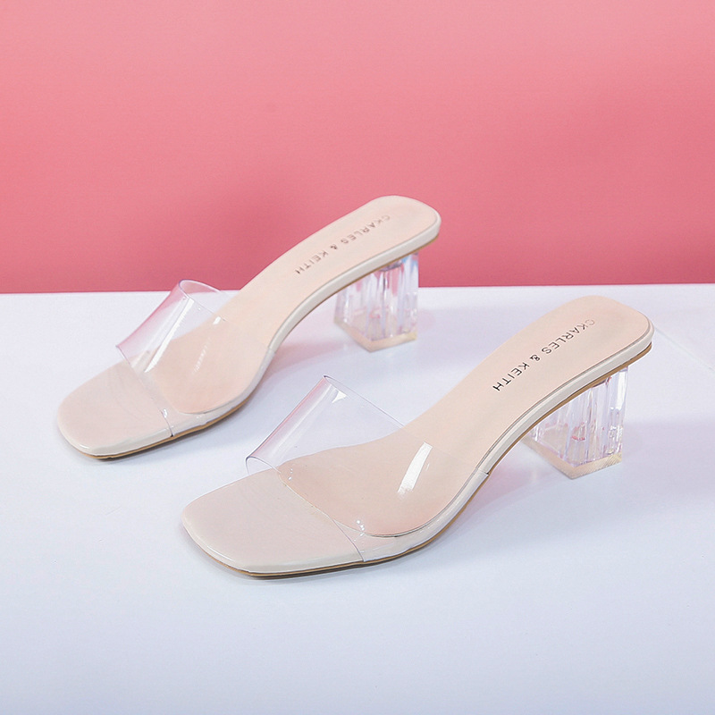 Women's summer new fashion casual slippers high heels crystal heel chunky line with transparent breathable flip-flops
