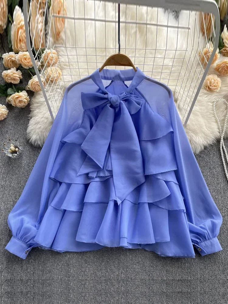 French spring and summer pleated edge gentle and sweet style long sleeved fashionable fairy shirt womens Blusas Mujer D985 250402
