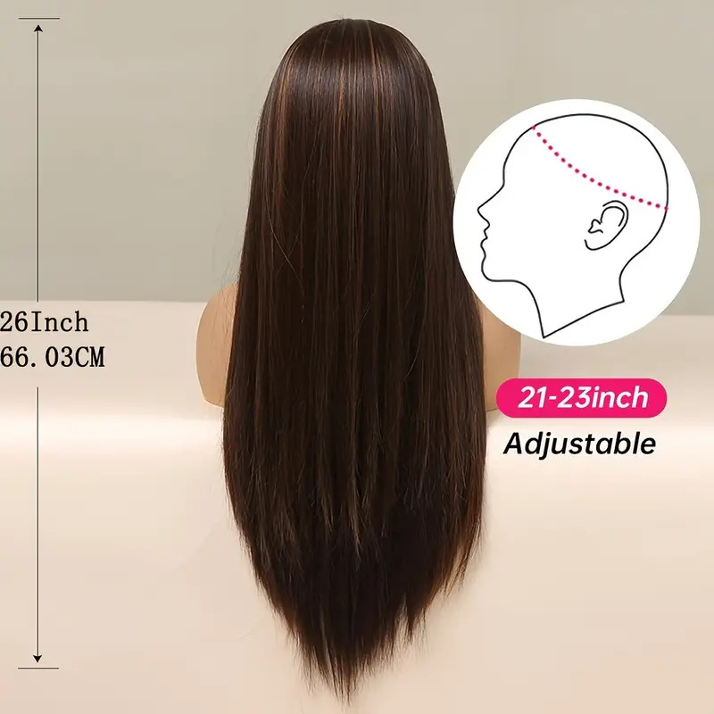 Natural Brown Gold Ombre Wig - Long Straight Synthetic Fiber with Adjustable Band for Comfort