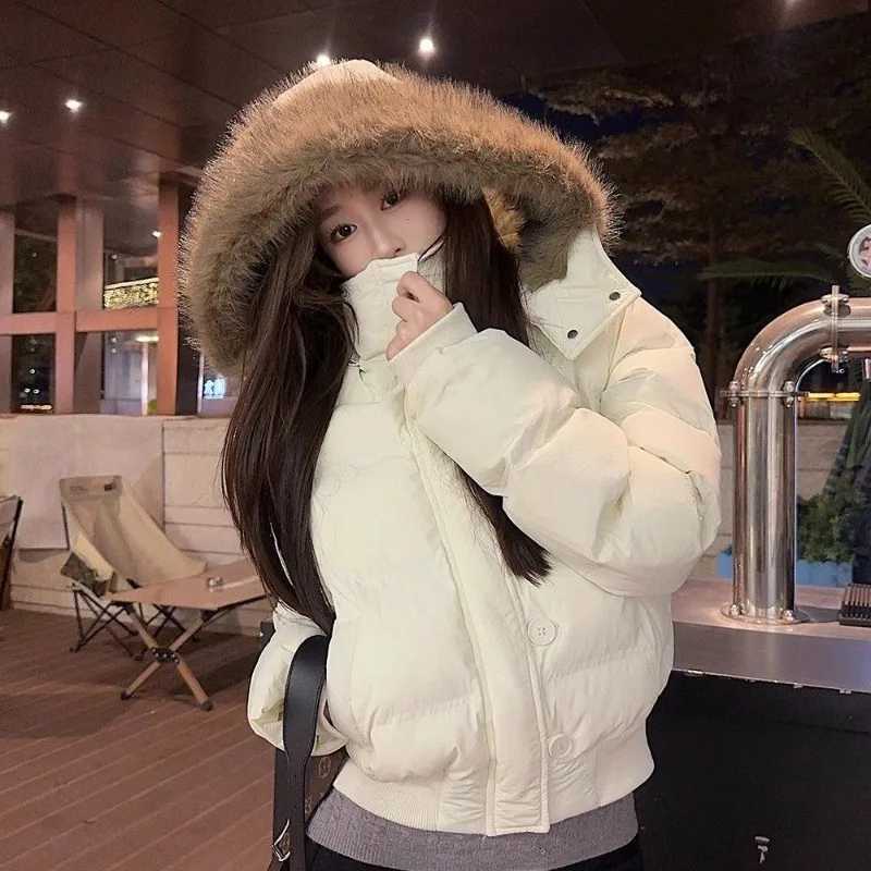 American Retro Trendy Fur Collar Zipper Hooded Winter Coat Women Fashion Simple Street Loose Velvet Warm Harajuku Casual JacketT251105