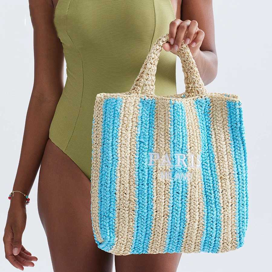Woven Designer Bags for Women Handbags Summer Striped Straw Bag Candy Color Travel Beach Bag 2024 Handmade Paper Rope Tote Bag H260427