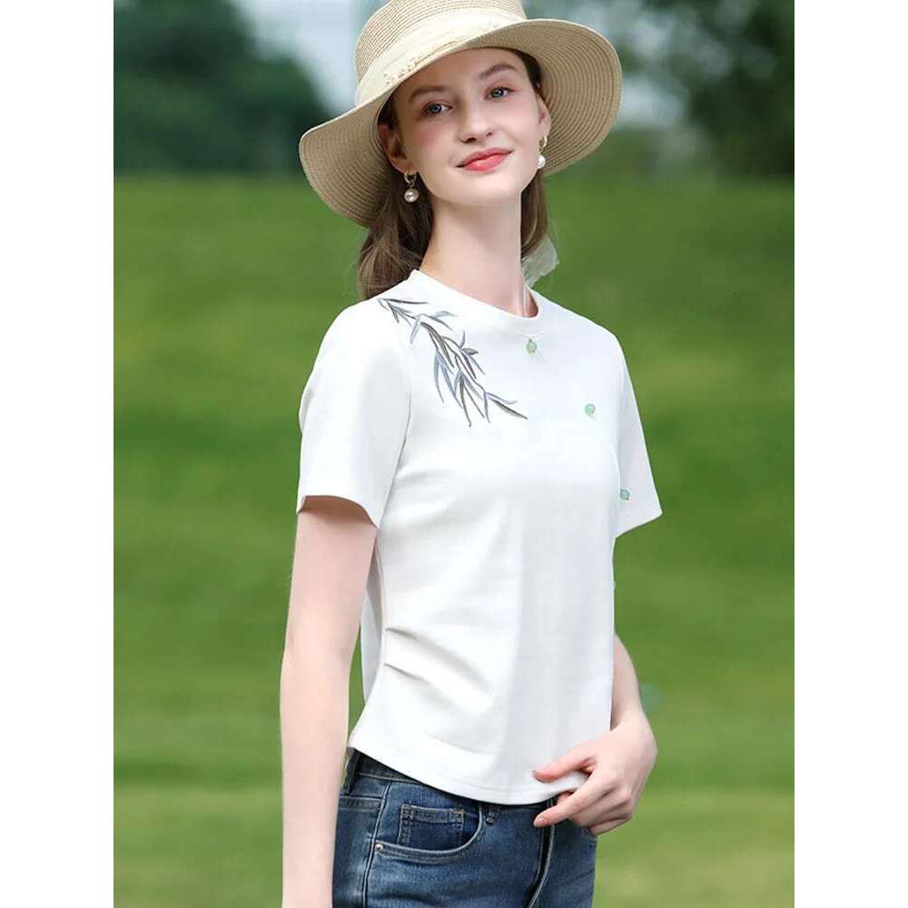 White Chinese Bamboo Embroideryt-Shirt For Women Summer 2025 Waist Short Sleeve Tees Side Hem Slit Tops