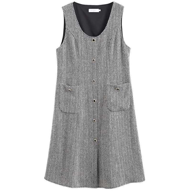 DUSHU Womens Retro Plaid U-neck Vest Skirt Pocket Design Button Placket Design Long Woolen A-line Dress Women Winter Dresses J251105