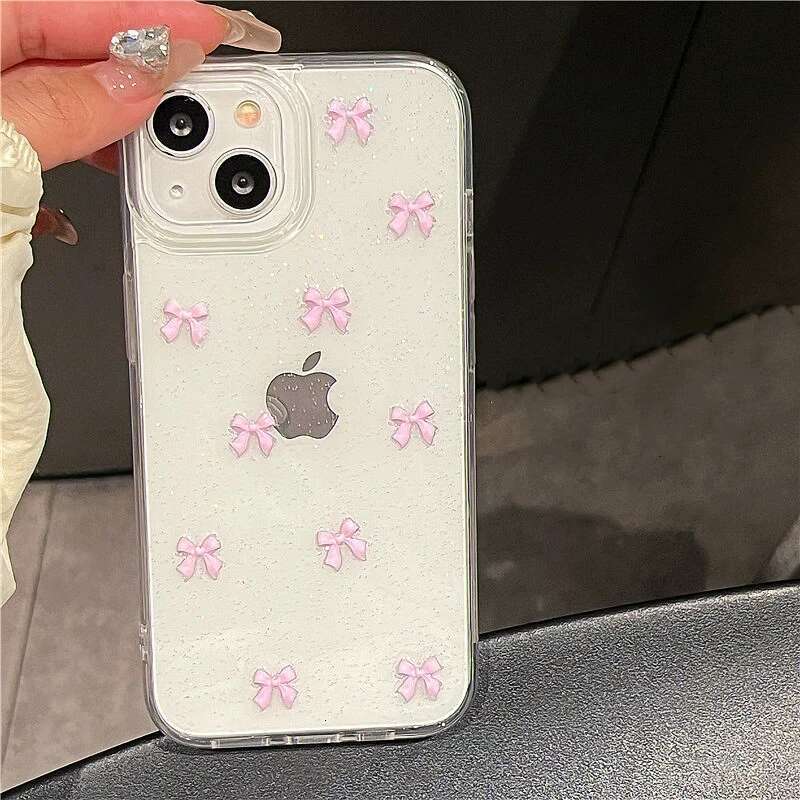 Cute Pink Bowknot Phone Case For iPhone 16 15 14 13 12 11 Pro X XS Max MiNi Plus Korea Girl Soft Cover Epoxy Glitter Shell