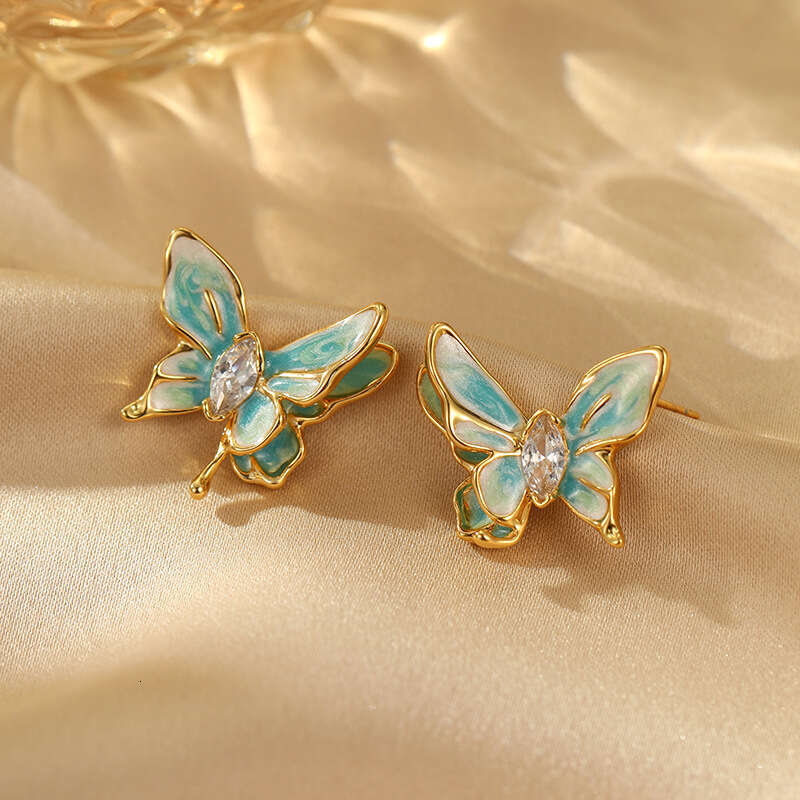 New Chinese Style Enamel Oil Drop Zircon Butterfly Unique Light Luxury Design High-end Feel Fashionable Temperament Stud Earrings