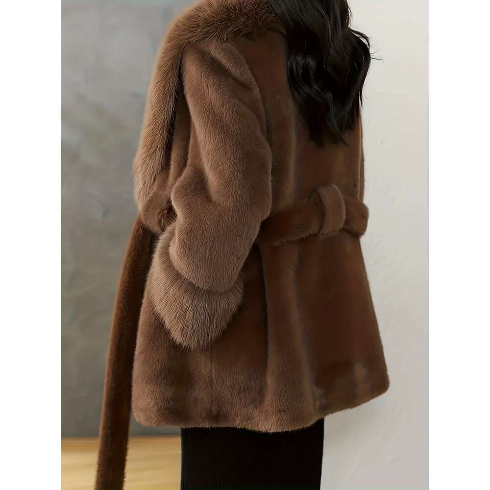 Plus Size Women's - Elegant V-Neck Long Coat With Lace-Up Front, Plush Faux Fur For Warmth, Chic Cold Weather Outerwear In ///Navy ///, Soft Lini