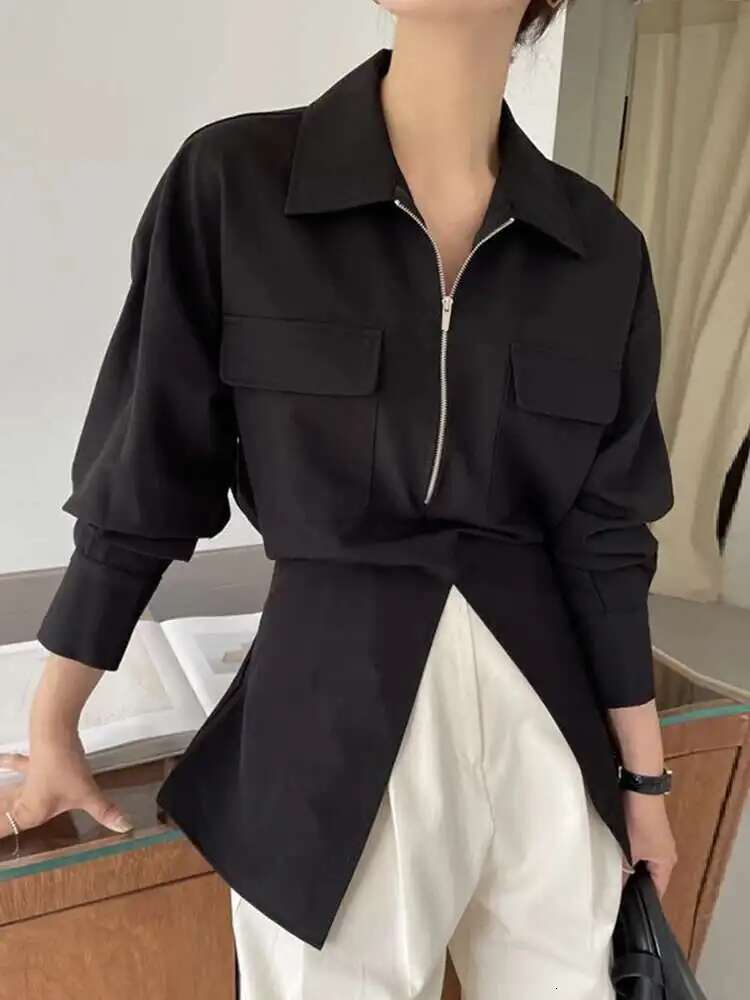 Women White Zipper Pocket Back Bandage Blouse New Lapel Long Sleeve Loose Fit Shirt Fashion Spring Autumn 2025 1Df1491