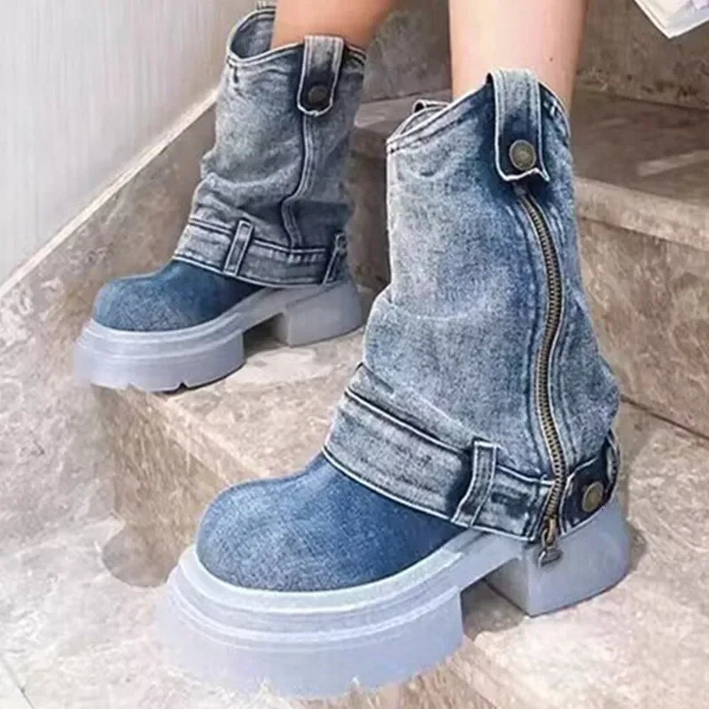 Womens denim ankle boots round toes thick soled zipper buckle womens shoes solid color low heel 250402