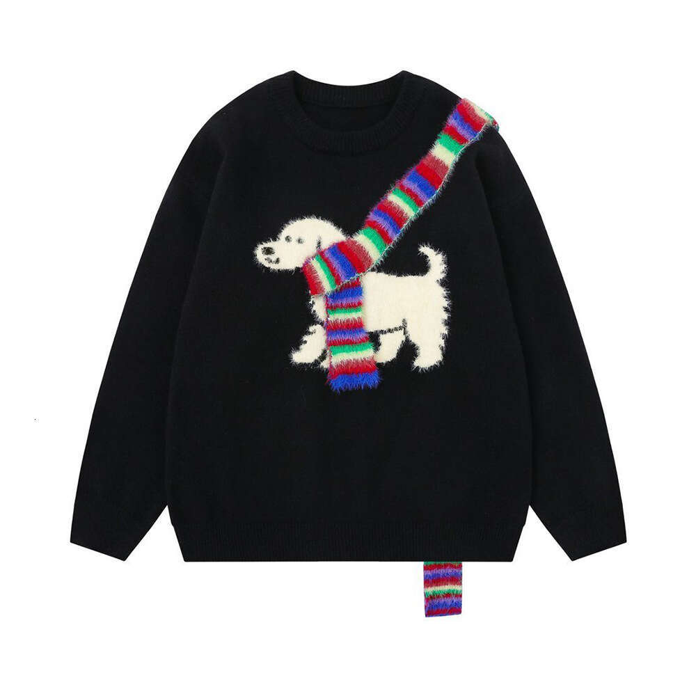 Animal Puppy Embroidered Crew Neck Men's Autumn Winter Loose Casual Top Design Color Block Knitted Sweater