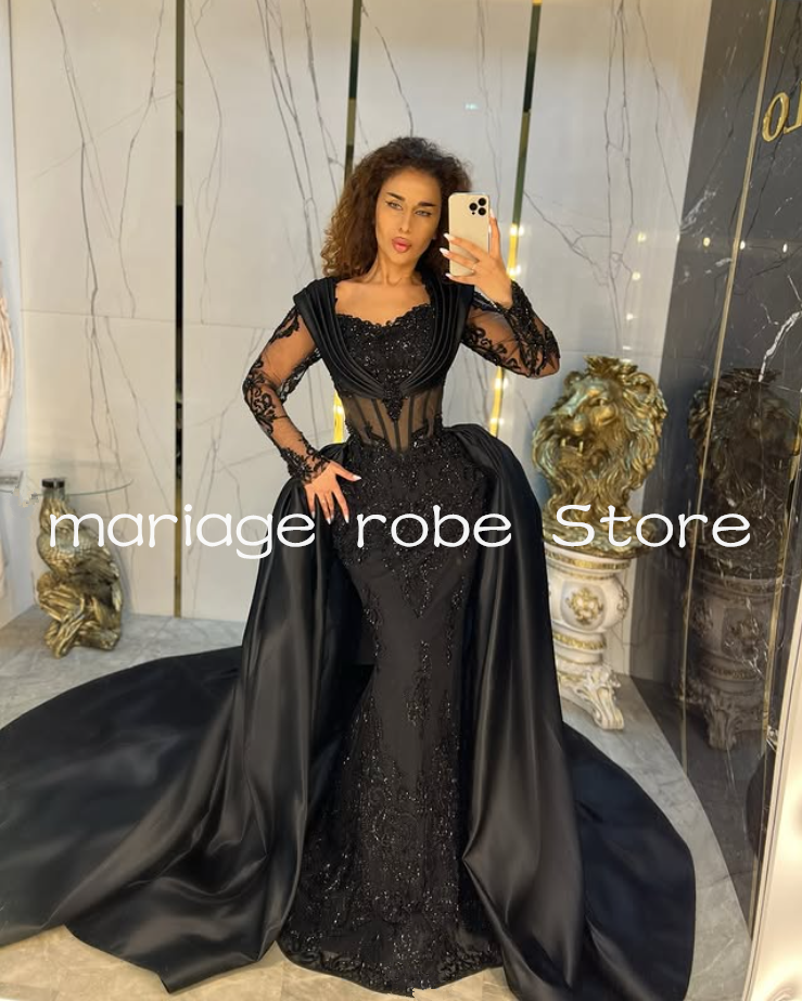 Black Mermaid Middle East Prom Gala Dresses with Detachable Train Sparkly Applique Long Sleeve Evening Formal Gown Customsized
