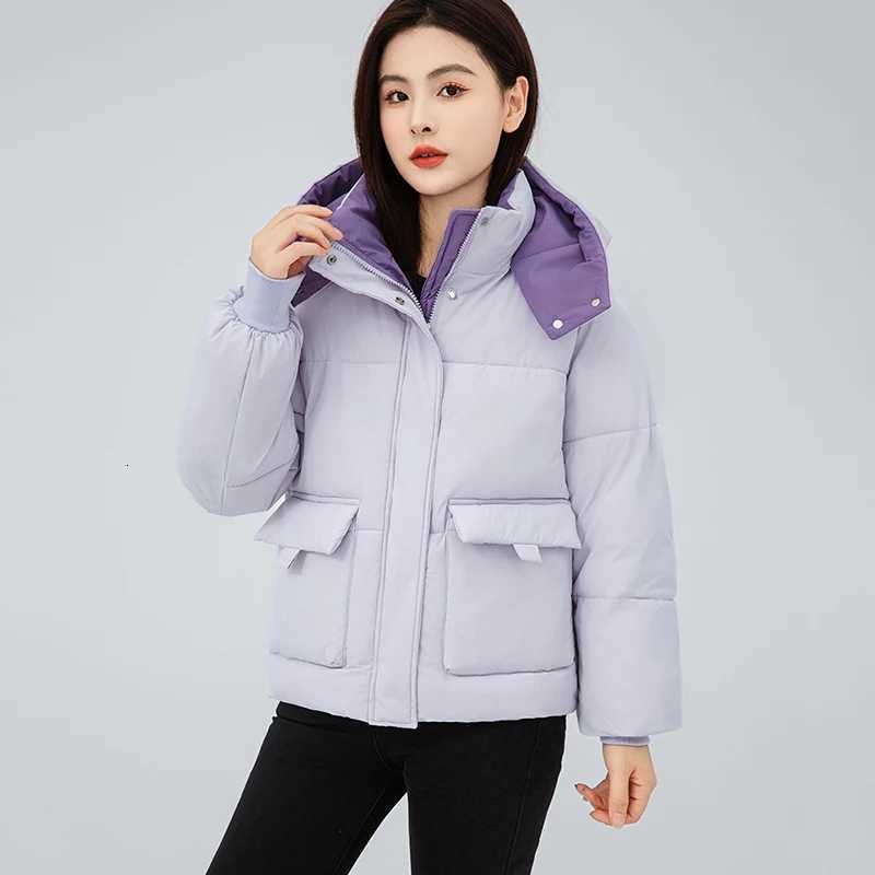 Fashion Mixed Color Stand Colalr Parkas Women Winter Warm Hooded Cotton Padded Jacket Woman Zip Long Sleeve Down Cotton CoatsT251105